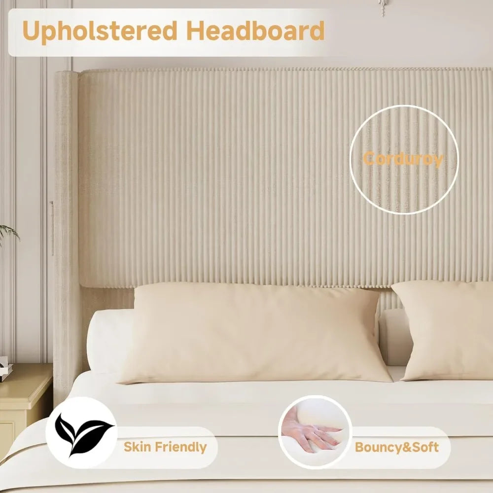 King Size Upholstered Bed Frame with USB Charging Ports - Tall Wingback Headboard & Footboard, Easy Assembly Design