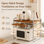 Microwave Oven Rack with Pull-Out Basket Kitchen Countertop Storage Shelf Metal Wood Grain Organizer for Rice Cooker