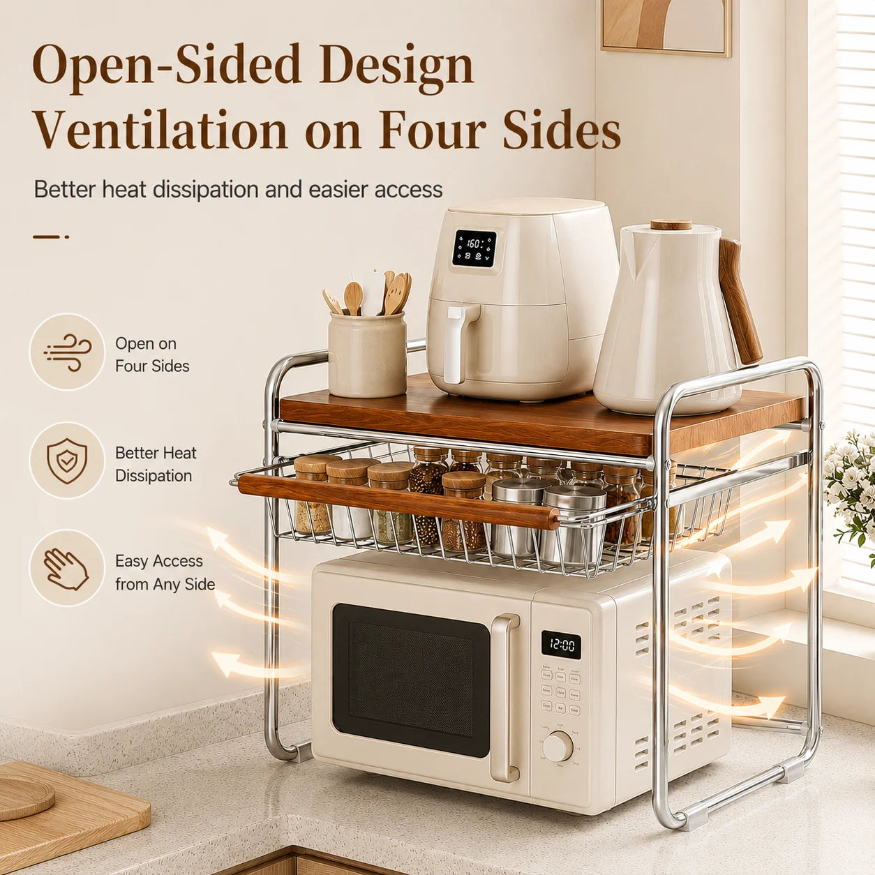 Microwave Oven Rack with Pull-Out Basket Kitchen Countertop Storage Shelf Metal Wood Grain Organizer for Rice Cooker
