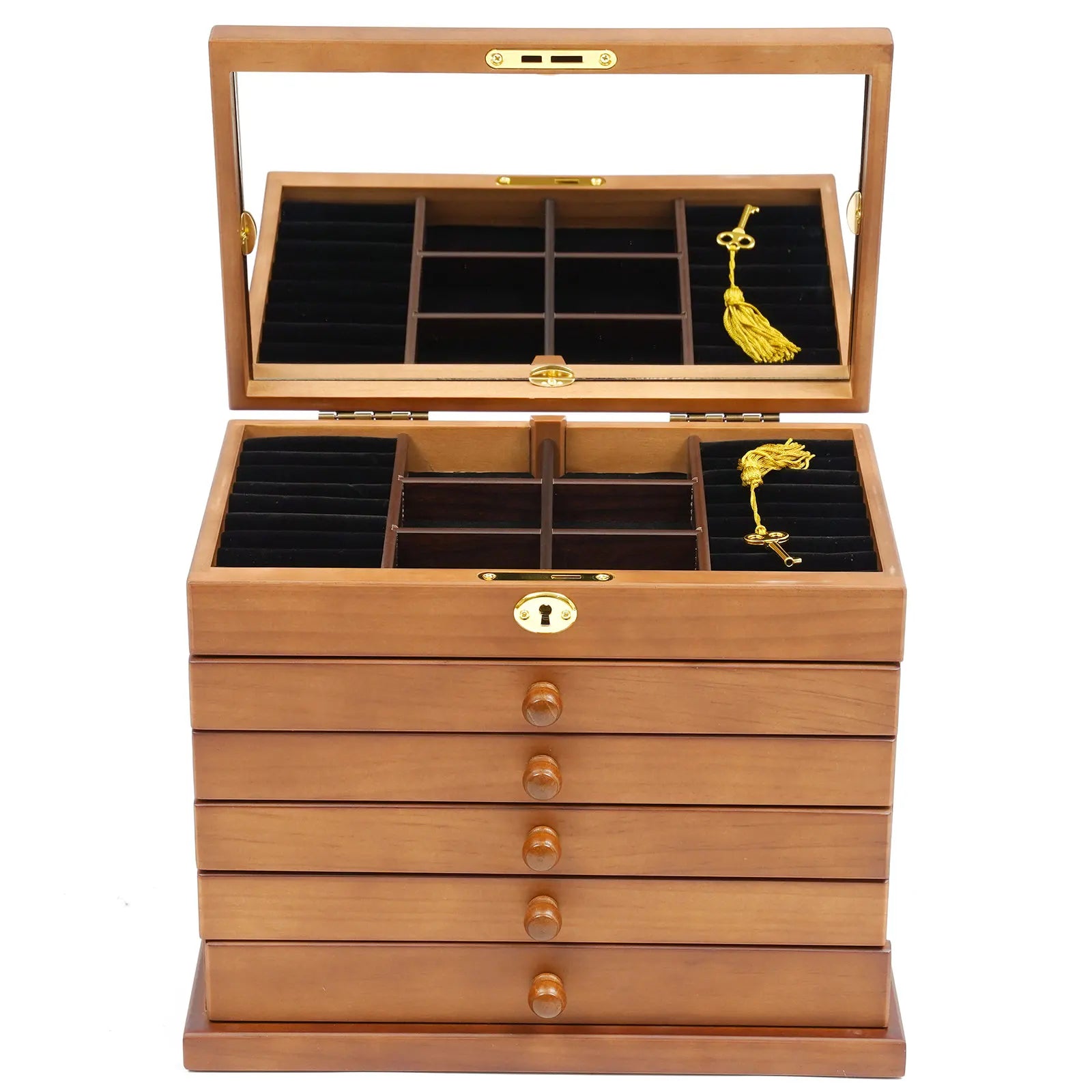 6 Tiers Wooden Jewelry Storage Box - Vintage Jewelry Organizer with Mirror and Lock for Earrings Rings Necklaces Watches