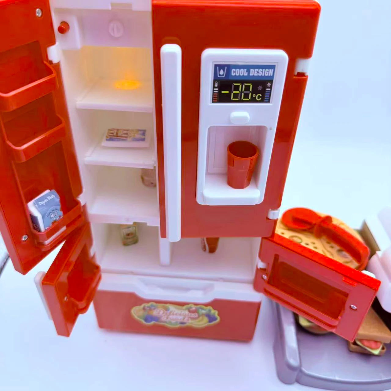 Kitchen Pretend Play House Set Spray Water Vapor Mini Fridge Kitchen Fast Food Burger Fries Dessert Educational Role Play Toys