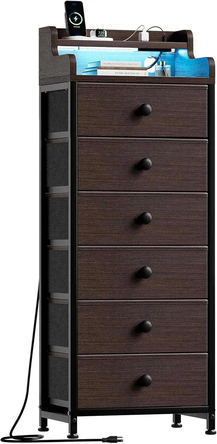 Dresser for Bedroom with Charging Station and LED Lights,6 Drawers Dresser White Chest of Drawers with Shelves, Tall Night Stand