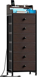 Dresser for Bedroom with Charging Station and LED Lights,6 Drawers Dresser White Chest of Drawers with Shelves, Tall Night Stand