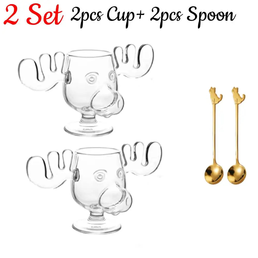 1-3Set 240ML Christmas Elk Glass Cup Cute Reindeer Clear Glass Mug Hot Cold Drink Cup Creative Moose Holiday Drinkware Decor