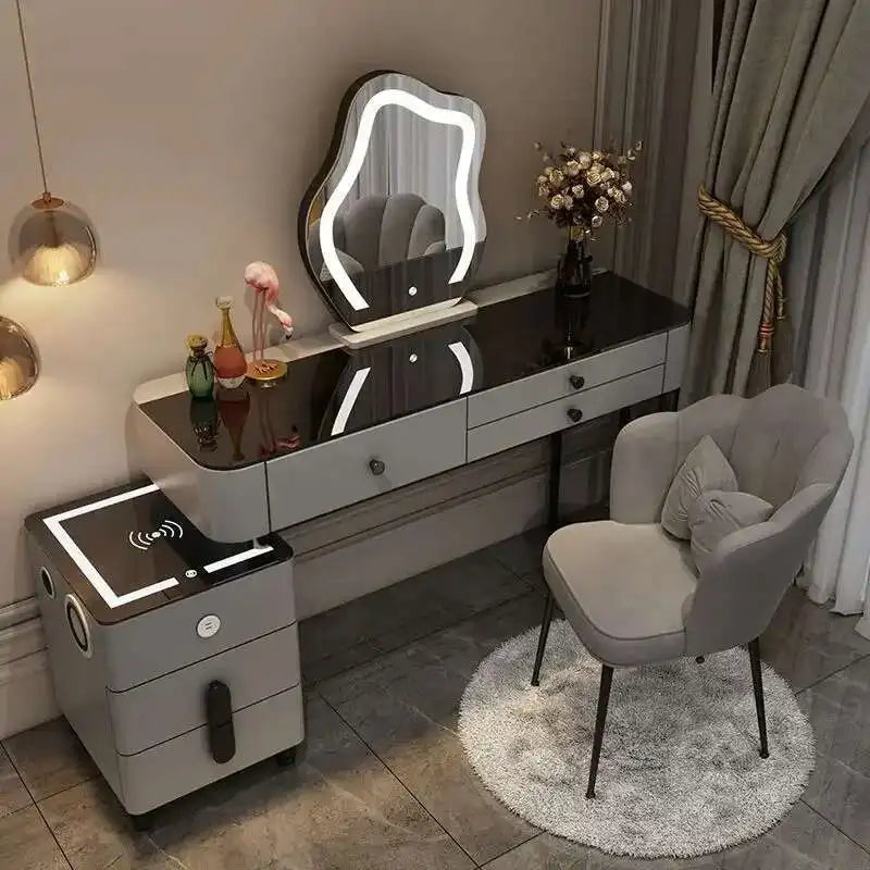 Luxury Glass Dressing Table with Smart Wireless Charging Bedroom Vanity Nightstand Makeup Table Drawers with Led Mirror Dresser