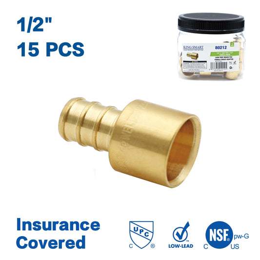 KING SMART Crimp/F1807 PEX 1/2" * 1/2" Female Sweat Adapter; Lead Free Brass; 15Pcs/Case; 80212