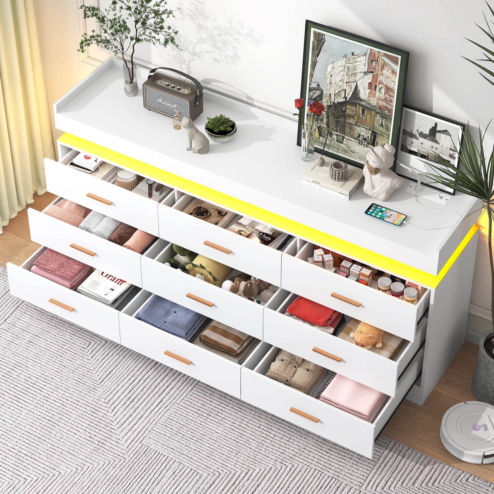 9 Drawer Dresser with LED Light & Charging Station, Modern Chest of Drawers for Closet, 63" Wide Drawer Organizer Cabinet