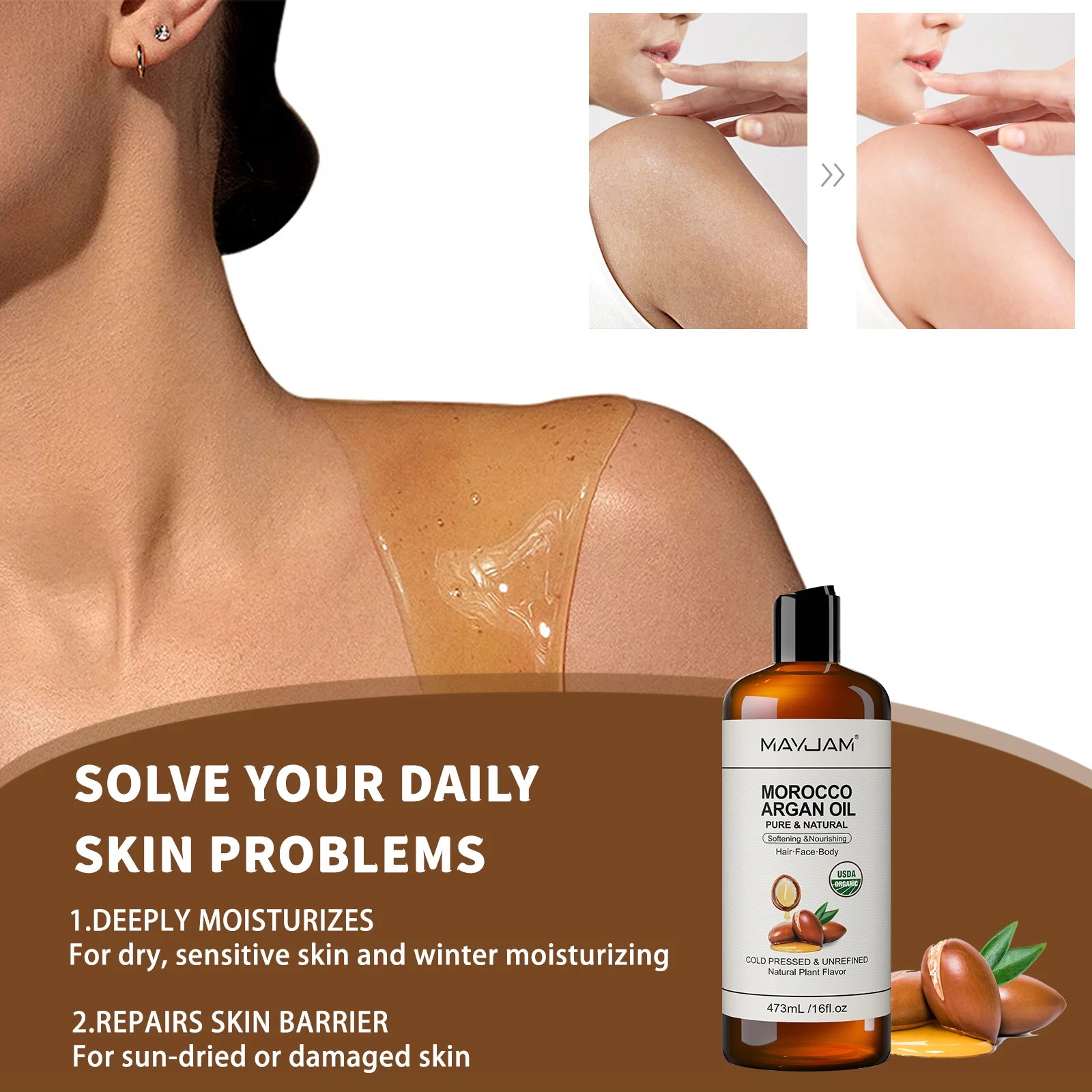 MAYJAM Pure Organic Moroccan Argan Oil Massage On Face, Hair, Body Sweet Almond Oil Cold Pressed USDA Certified 473ml Face Oil