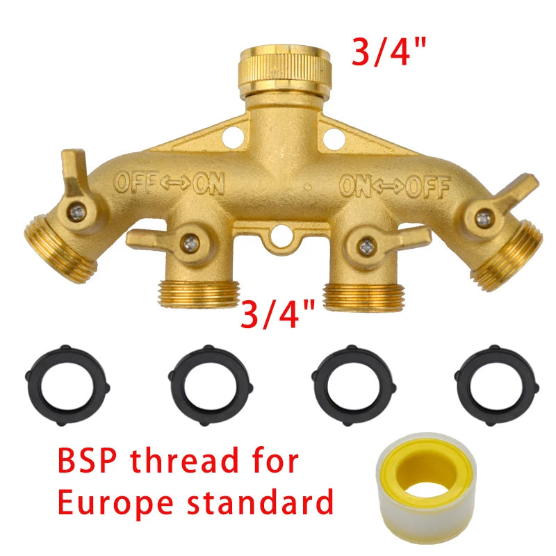 Heavy Duty Brass 1-2-4 way Splitter Garden Hose Hexagonal Connector with Comfortable Grip Shut Off Valves Adapter for Water Tap