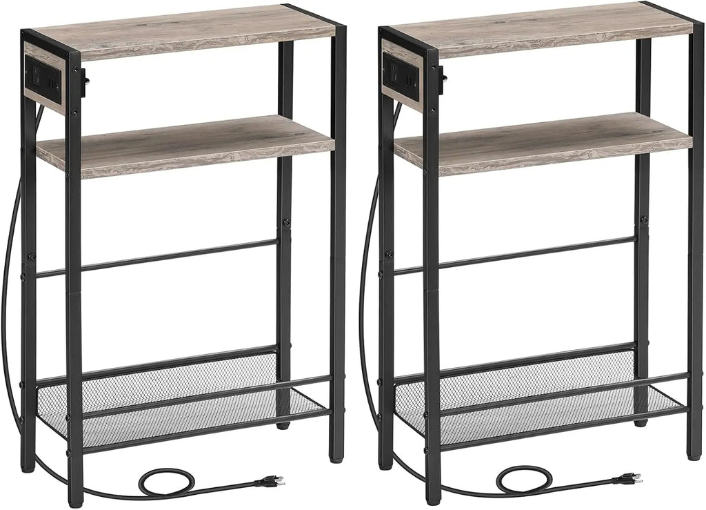 Small Narrow Side Table with Charging Station Set of 2, Skinny End Table for Small Spaces, Slim Nightstand with USB Ports Outlet