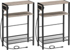 Small Narrow Side Table with Charging Station Set of 2, Skinny End Table for Small Spaces, Slim Nightstand with USB Ports Outlet