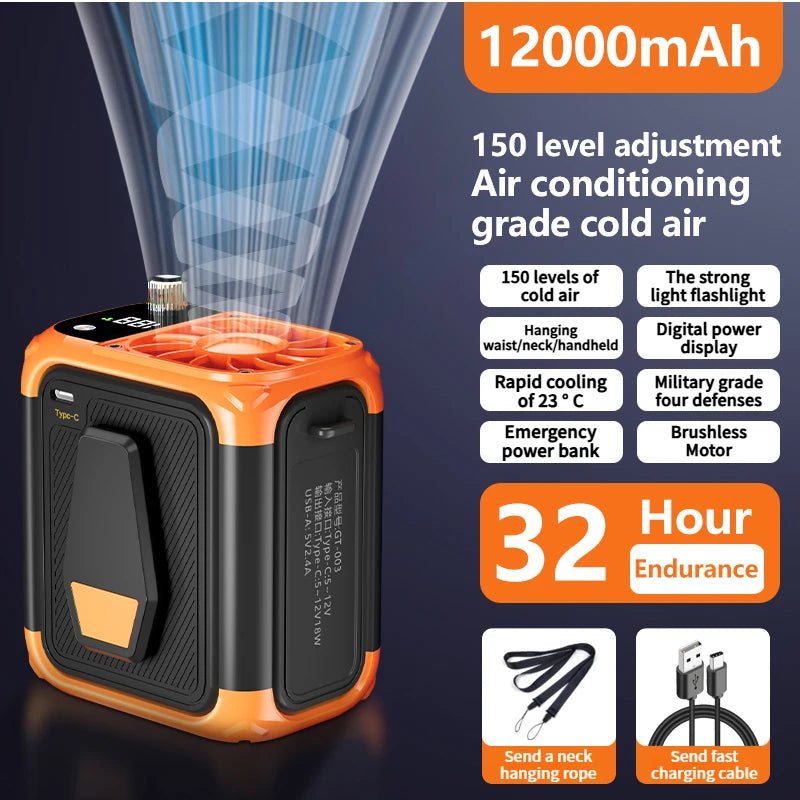 Mini high speed waist fan, bladeless USB hanging neck fan, outdoor mul