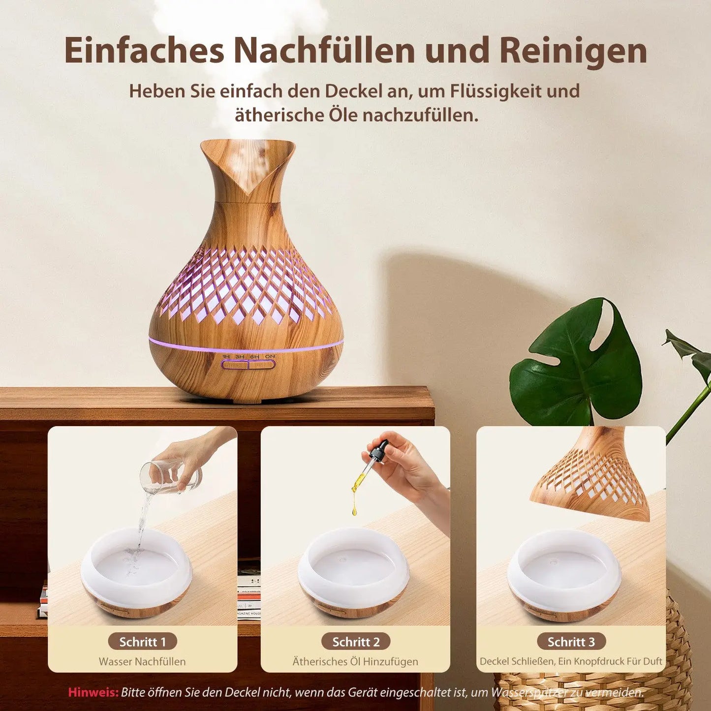 500ml Wood Grain Humidifier with Flowers, Quiet Aromatherapy Diffuser,