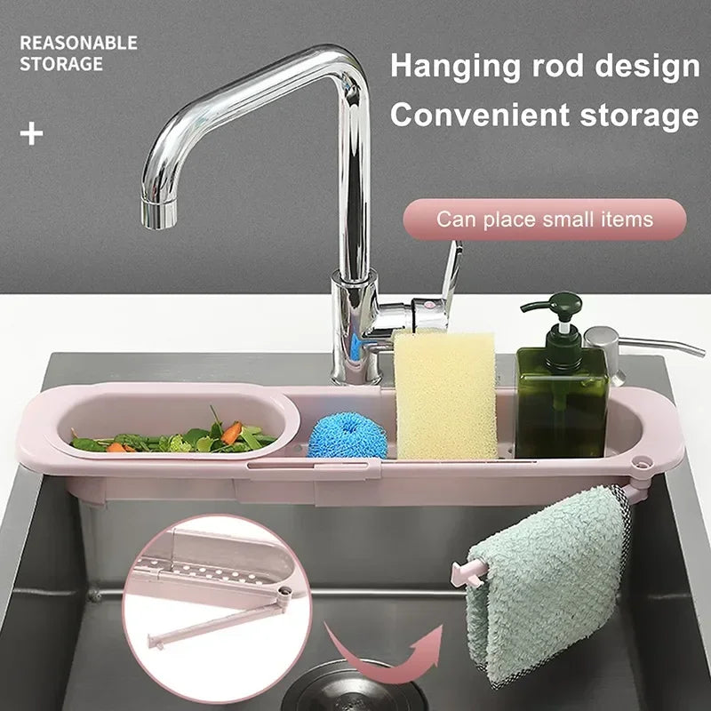 Adjustable Bathroom and Kitchen Tool: Sink Rack, Organizer, Drainer, Storage Basket, Faucet Holder, Telescopic