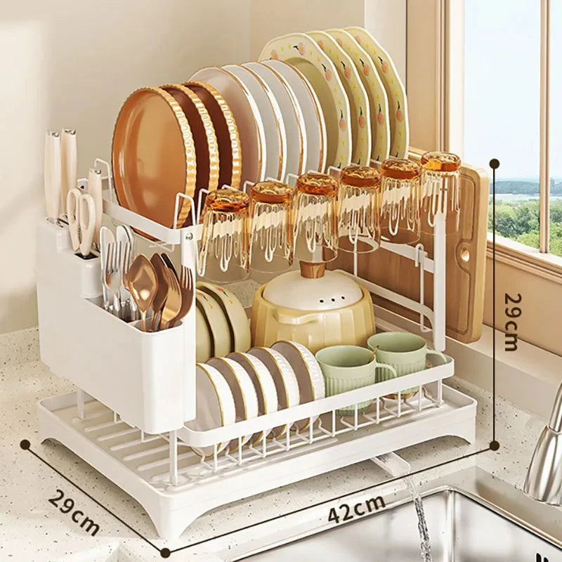 Multifunctional Kitchen Countertop Dish Drying Rack with Chopsticks Knife & Fork Storage Bowl Dish Drainage Organizer Shelf