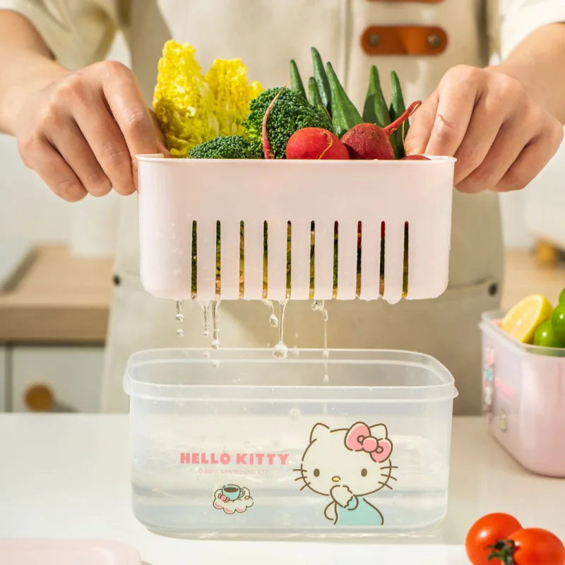 Hello Kitty Kuromi Kitchen Food Storage Containers  Vegetable Washing Basin and Drain Basket  Plastic Fruit Bowl for Home Use