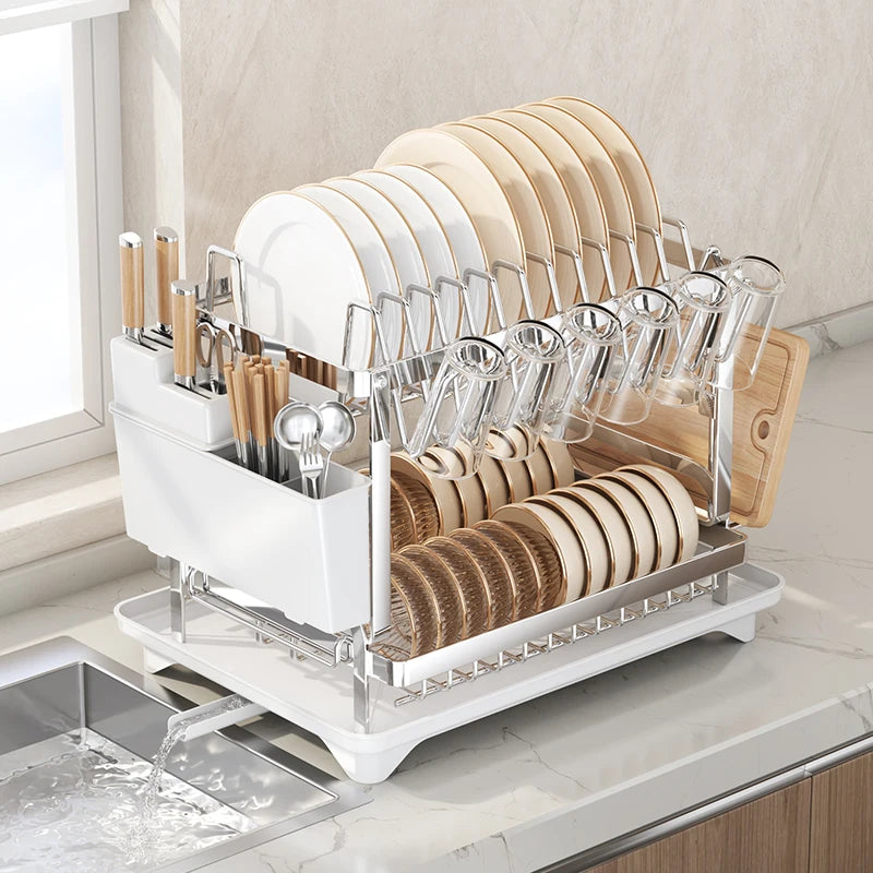 Self-drainage kitchen storage shelf for dishes and bowls, multifunctional foldable bowl and chopsticks storage, countertop drain