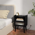 Nightstand with Charging Station, Black Wood Grain Bedside Tables, Modern End Table, Side Table with 2 Tiers Storage Space for B