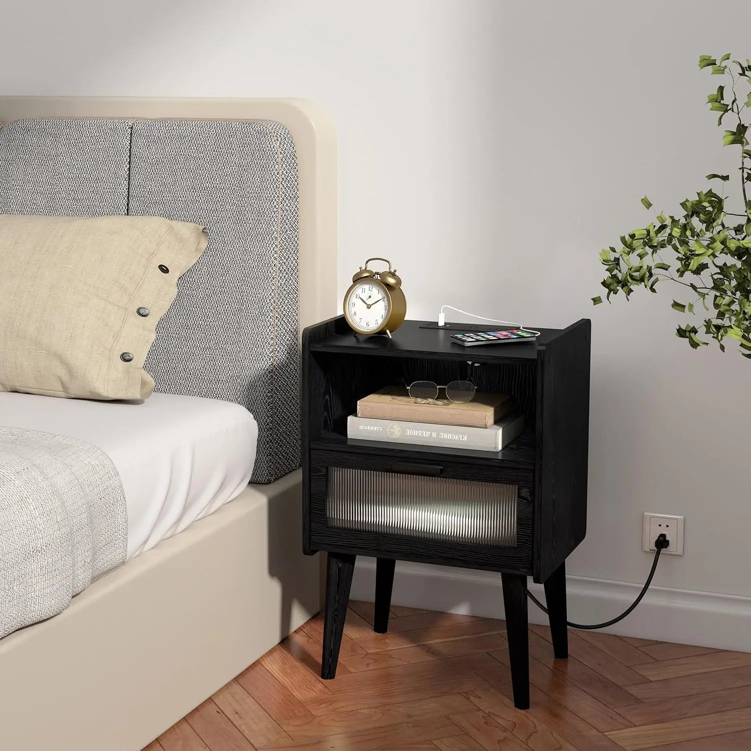 Nightstand with Charging Station, Black Wood Grain Bedside Tables, Modern End Table, Side Table with 2 Tiers Storage Space for B