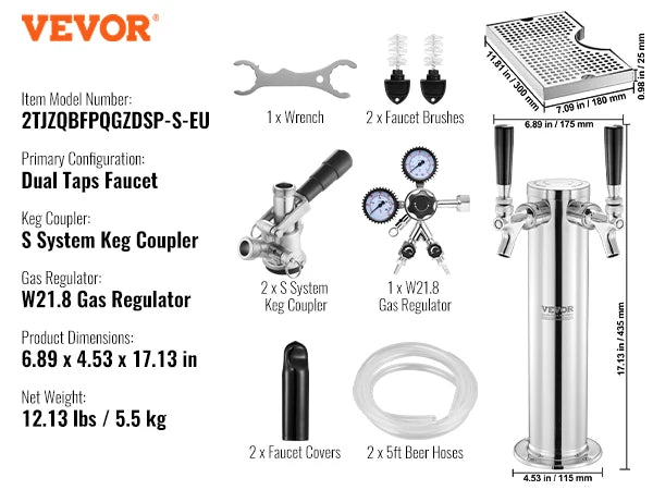 VEVOR Kegerator Tower Kit Single Tap Beer Conversion Kit Stainless Steel Keg Beer Tower Dispenser Dual Gauge W21.8 Regulator
