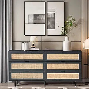 6 Drawer Double Dresser for Bedroom,Natural Rattan Modern Drawer Chest,Wooden Storage Wardrobe Dresser with Black Handles,Floor