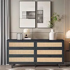 6 Drawer Double Dresser for Bedroom,Natural Rattan Modern Drawer Chest,Wooden Storage Wardrobe Dresser with Black Handles,Floor