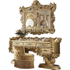 European Antique Solid Wood Makeup Vanities Bedroom Dresser Chair with Elegant Old World Design and Mirror for Apartment Use