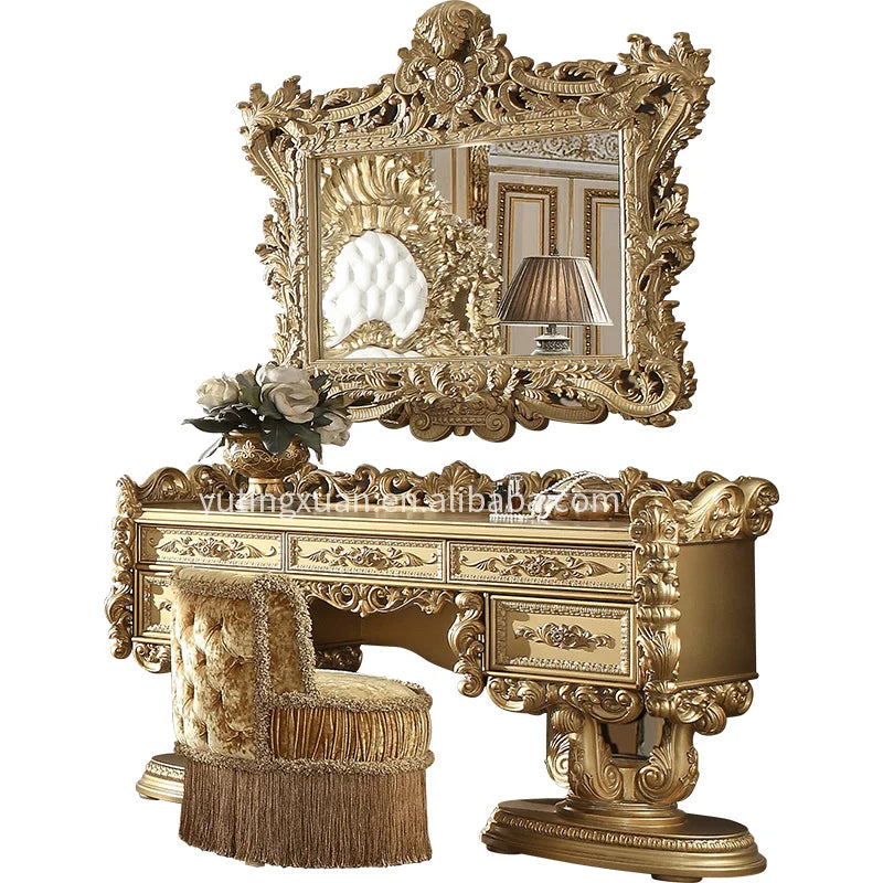 European Antique Solid Wood Makeup Vanities Bedroom Dresser Chair with Elegant Old World Design and Mirror for Apartment Use