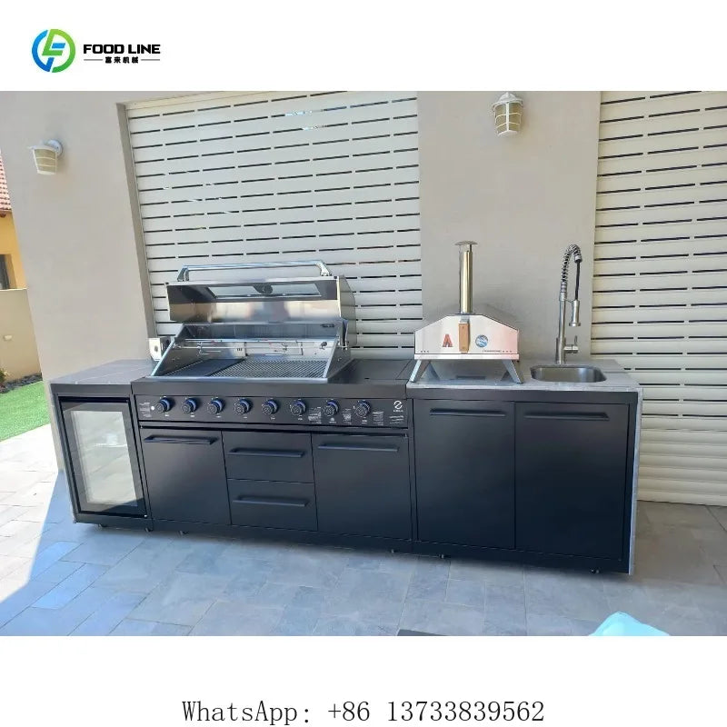 Customized Villa Outdoor Kitchen Factory Direct Stainless Steel 6 Burner Gas Grill Party BBQ Powder Coated Sink Refrigerator