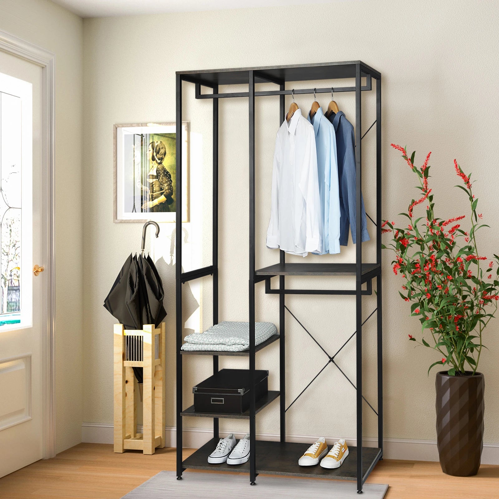 1PC Wood Steel Coat Rack Floor Standing Clothes Hanging Storage Shelf Clothes Hanger Racks Shoe Rack Living Room Bedroom