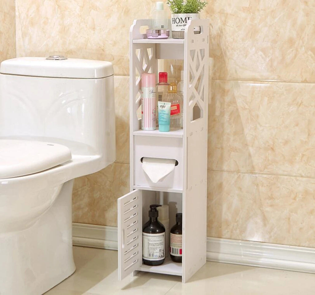 Shelf for Bathroom Floor, Shelf Storage Cabinet with Door for Sponge Brush Toilet Paper Shampoo, Home Cabinet, Sink, Shower, Corner Wpc